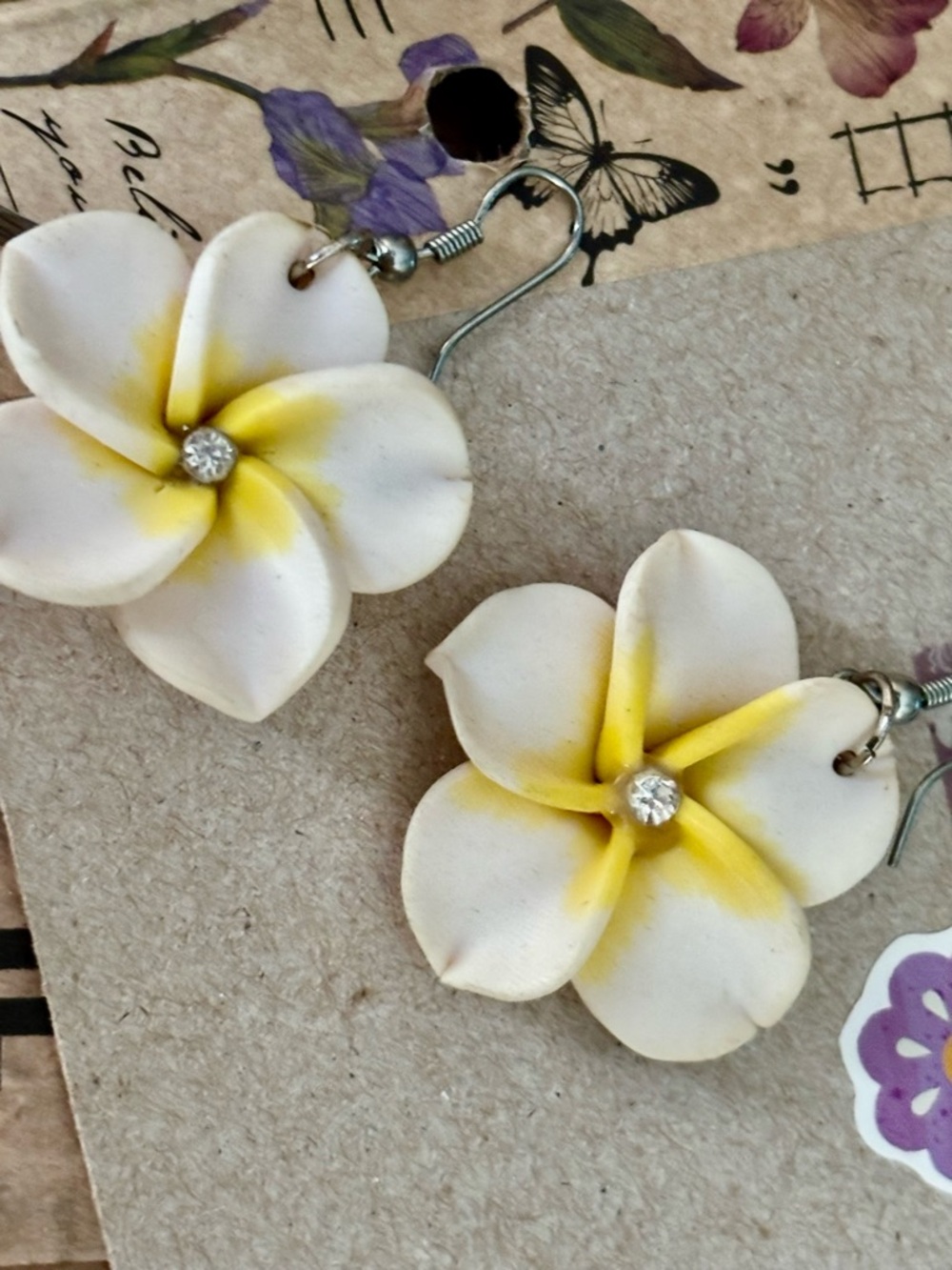 Handmade White and Yellow Plumeria Flower Drop Earrings